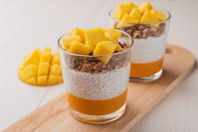 Close,Up,Chia,Seed,Pudding,With,Fresh,Mango,,Granola,In